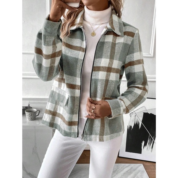 gray tan Plaid Print Zip Up stand collar preppy - Picture 5 of 5